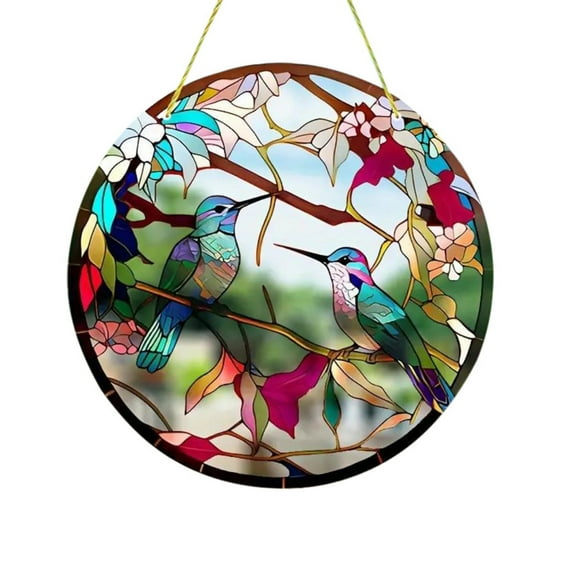 Stained Glass Bird Branch Catcher Wall Window Hanging Ornament Hand-Painted Acrylic Hummingbird Panel Decor Christmas Birthday Gifts 7.8×7.8”