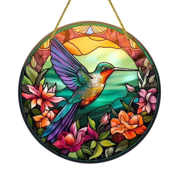 Stained Glass Bird Branch Catcher Wall Window Hanging Ornament Hand-Painted Acrylic Hummingbird Panel Decor Christmas Birthday Gifts 7.8×7.8”