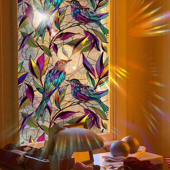 Stained Glass Bird Window Film, Colorful Floral Bird Static Cling Window Sticker Rainbow Prism Light Decor for Home Glass