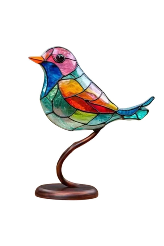 Stained Glass Birds On Branch Desktop Ornaments,Metal Flat Vivid Birds Decorations On Branch,Double Sided Multicolor Hummingbird Craft Statue Table Gift for Bird Lovers