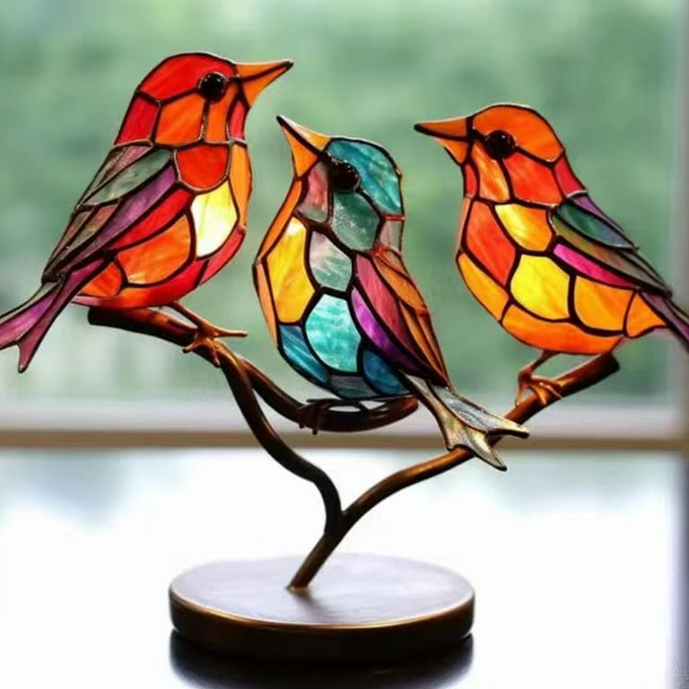 Stained Glass Birds On Branch Desktop Ornaments, Hummingbird Stained Metal  Desk Ornament, Colorful Birds Desktop Ornaments Bird Decorations for The