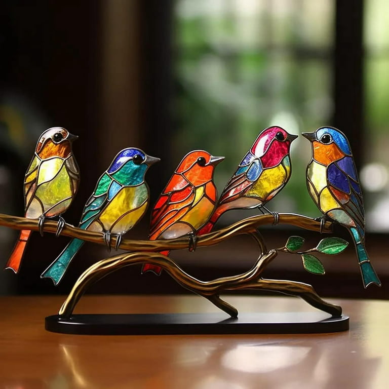 Stained Glass Birds On Branch Desktop Ornaments,Metal Flat Vivid Birds  Decorations On Branch,Double Sided Hummingbird Craft Statue Table Gift for  Bird