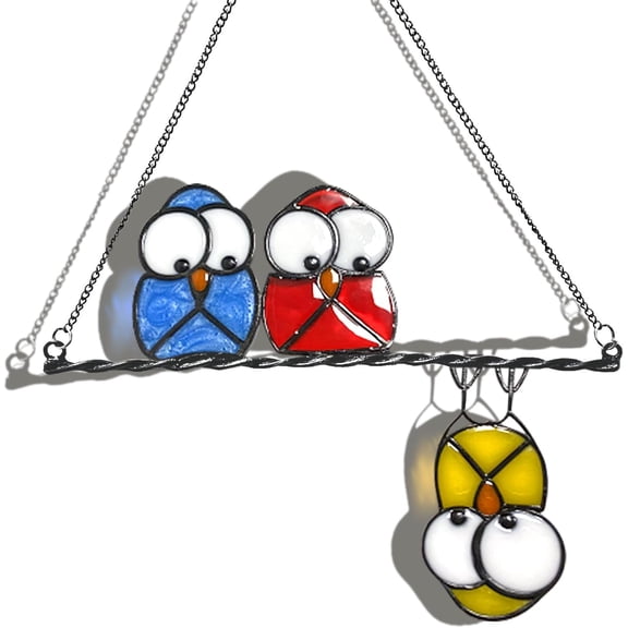 Stained Glass Birds Window Hangings, Multicolor 3 Owls Double-Side Stained Glass Hummingbird Decorations,Bird Suncatcher for Window Home Garden Decor Hummingbird Gifts for Bird Lovers (Yellow)