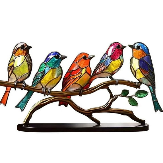 Stained Glass Birds on Branch Desktop Ornaments, Double Sided Multicolor Style Bird Statue Ornaments for Home Office Decor, Five birds