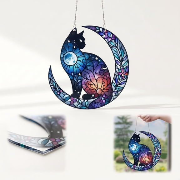 Stained Glass Black Cat Moon Suncatcher Hanging Window Decor Celestial Cat Art Home Wall Decoration for Cat Lovers Cottage Porch Display 8 Inch