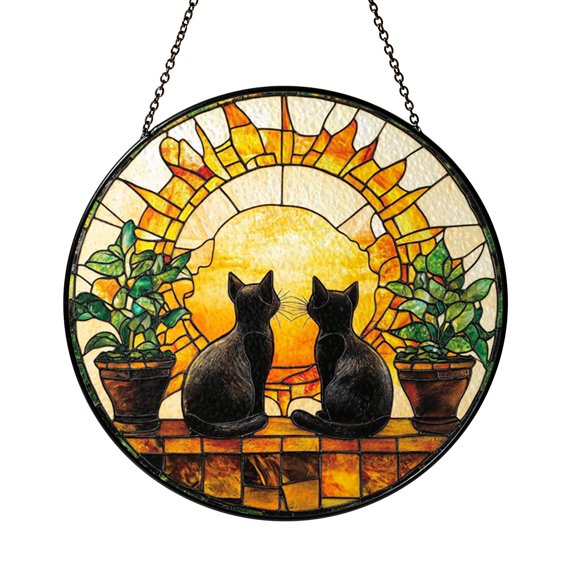 Stained Glass Black Cat Sunset Suncatcher Window Hanging, Warm Evening Scene Home Window Decor