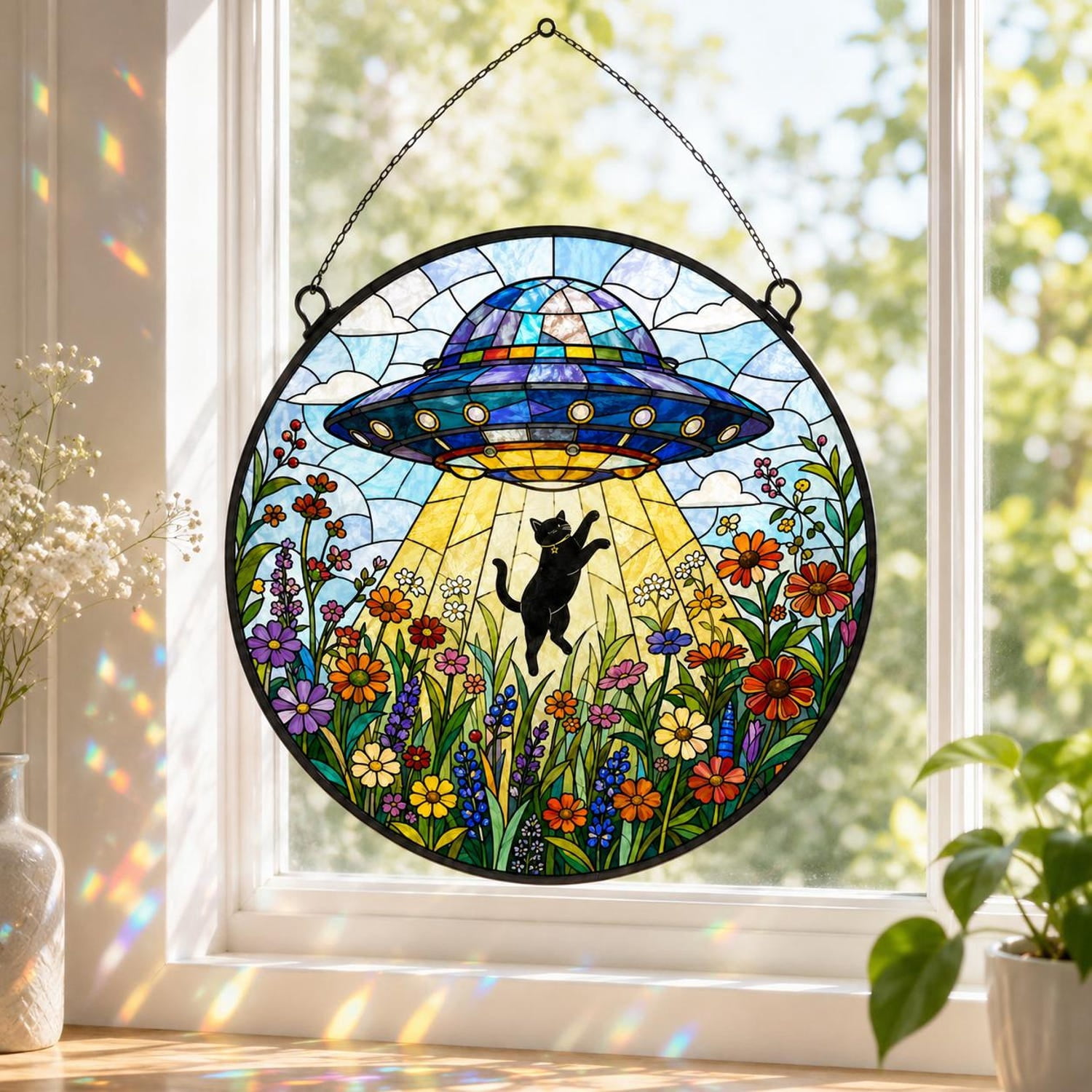 Stained Glass Black Cat UFO Suncatcher, Celestial Alien Window Hanging ...