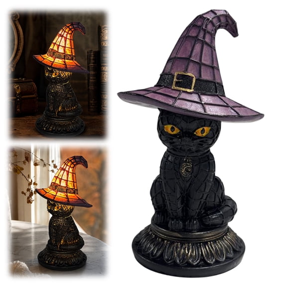 Stained Glass Black Cat Witch Hat Lamps With Moon Pendant Gothic Cat Wizard Hat Night Light Usb Powered Colorful Witch Hat Desktop Lights For Bedroom Living Room Bookshelf (Height 15cm)