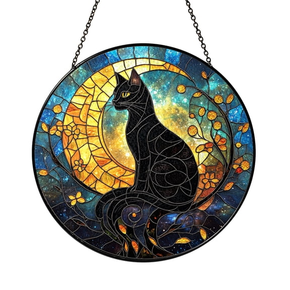 Stained Glass Black Cat on Crescent Moon – Magical Moonlight Cat Window Panel, Starry Sky Gothic Decor, Unique Home Accent for Animal Lovers
