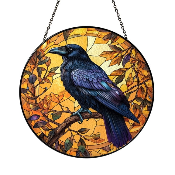 Stained Glass Black Raven Window Hanging with Moody Gothic Design, Halloween Inspired Decor for Unique Interiors