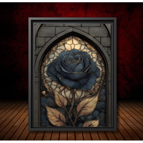 Stained Glass Black Rose Poster, Gothic Floral Botanical Art, Dark Moody Wall Decor, Unframed Poster Size 16x24
