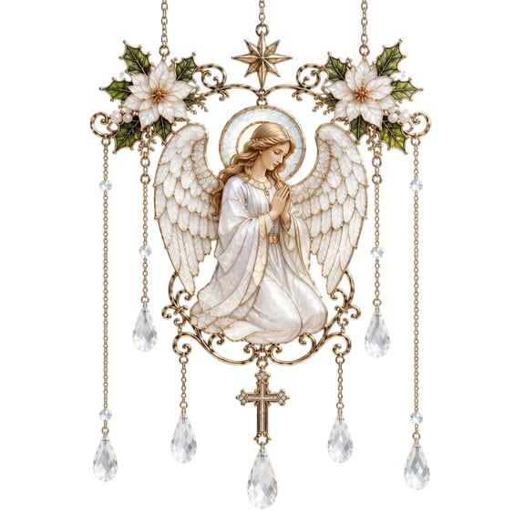 Angel Cross Stained Glass Suncatcher, Faith-Inspired Acrylic Window Decor with Light Reflection, Bedroom & Living Room Accent, Gift for Faith Lovers