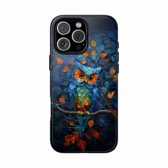 Stained Glass Blue Green Owl Elegant Bird Pattern Case for iPhone 17 16 15 14 13 12 11 Pro Max