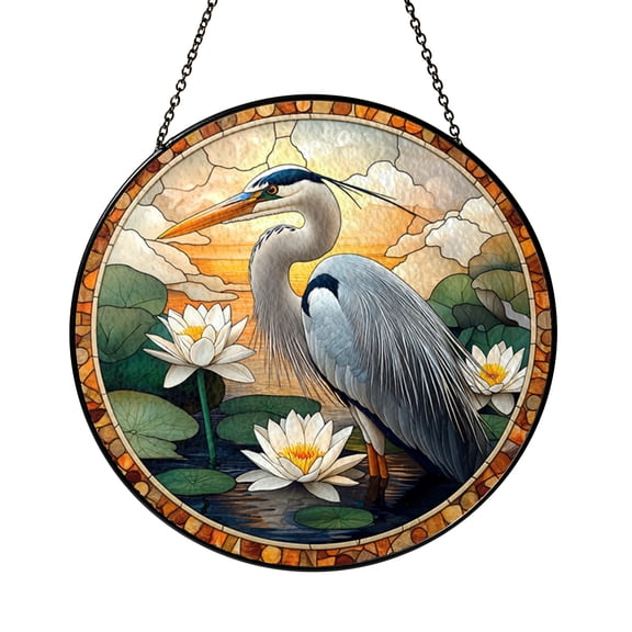 Stained Glass Blue Heron Suncatcher, Window Decor with Water Lily Theme, Nature Inspired Bird Accent, Ideal Gift for Wildlife Lovers