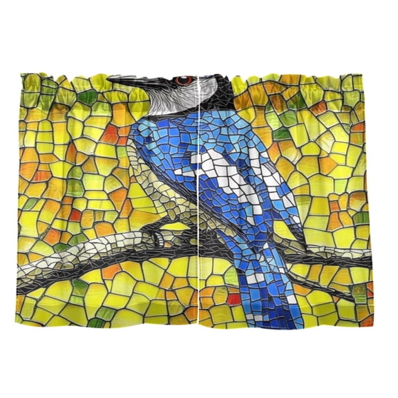 Stained Glass Blue Jay 27"x36" Linen Look Cafe Curtain Set with Privacy and UV Protection