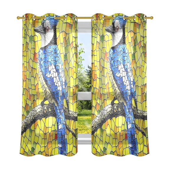 Stained Glass Blue Jay Breathable Sheer Curtains 63x52in Soft Light Filtering, UV Protection and Thermal Insulation