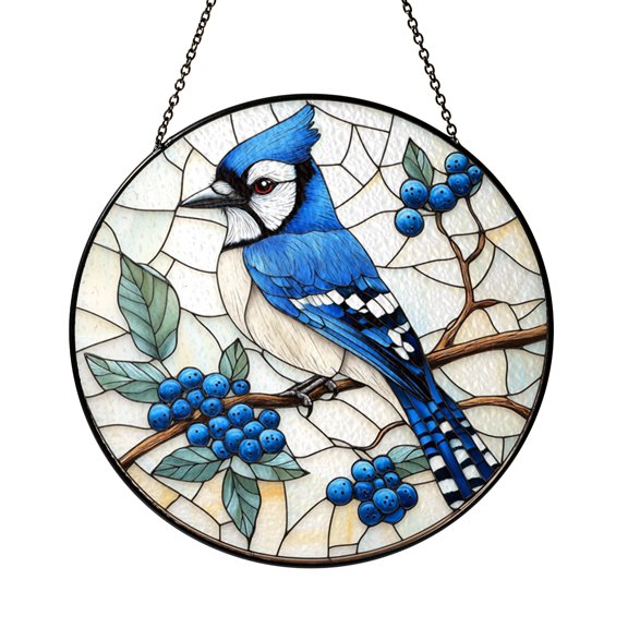 Stained Glass Blue Jay Suncatcher Featuring Hydrangea Blooms, Round Floral Bird Window Decor for Bright Spring Interiors