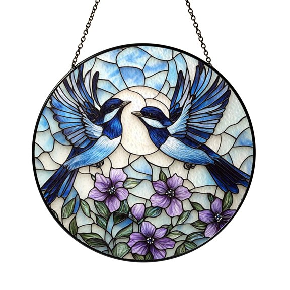 Stained Glass Blue Jays Lavender Field Suncatcher, Round Window Hanging Ornament, Colorful Bird Home Decor, Unique Gift