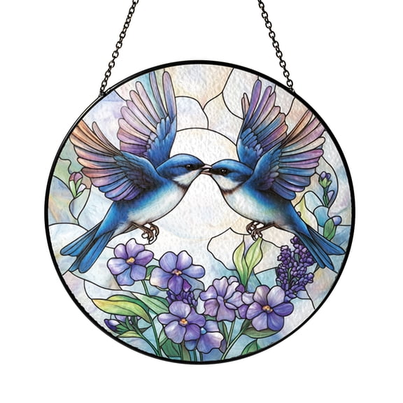 Stained Glass Blue Jays Panel, Lavender Field Round Window Hanging, Colorful Bird Home Accent, Perfect Gift for Moms