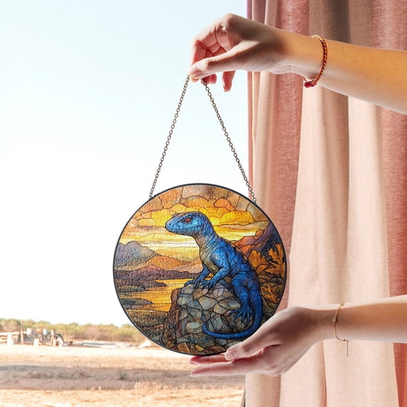Stained Glass Blue Lizard Panel - Vibrant Lizard on Rock with Sunset Background