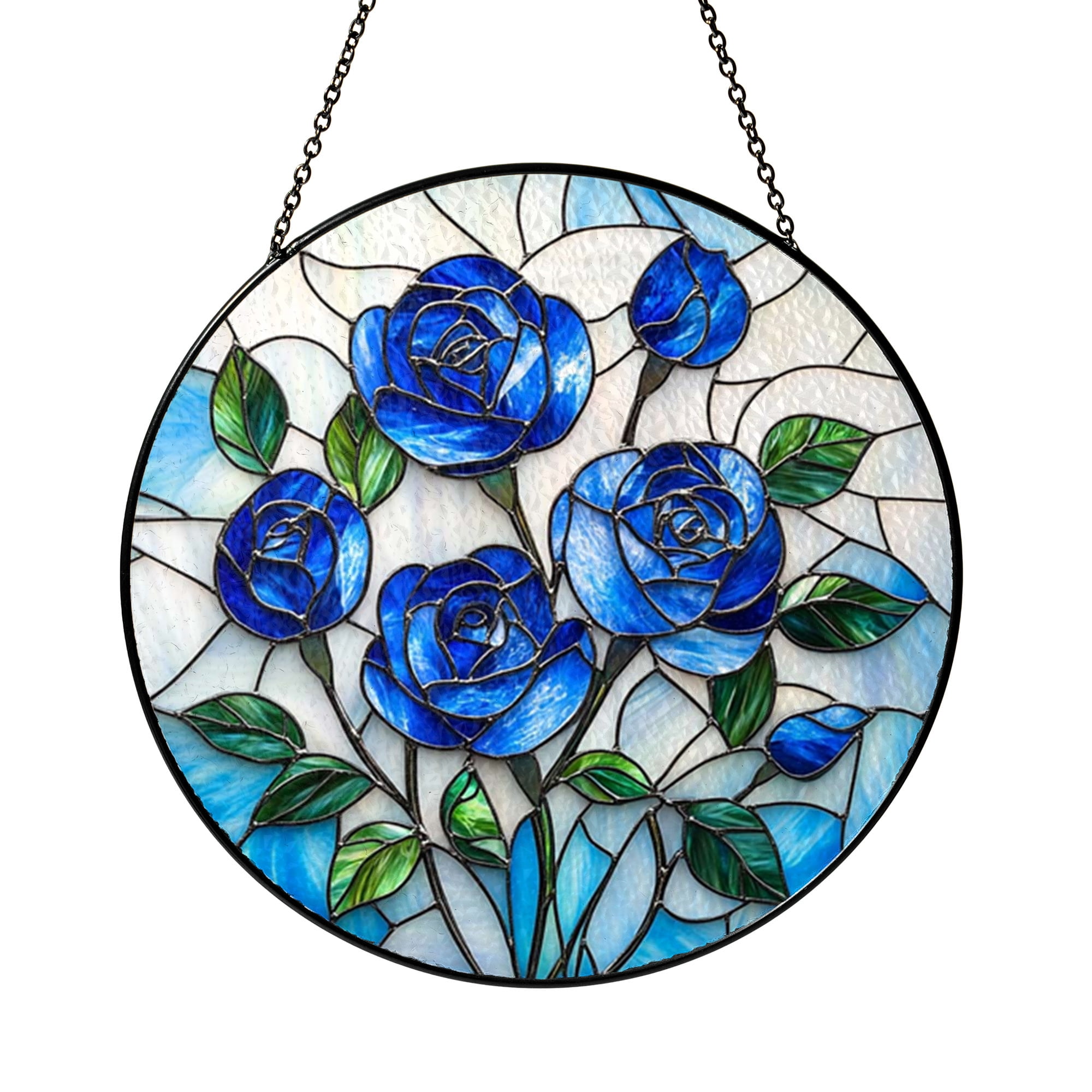 【ステンドグラス】- Azure Rose - Stained Glass Blue Rose Panel – Floral Window Hanging Decor1901