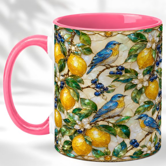 Stained Glass Bluebird Coffee Mug, Lemon Bird Mug, Ceramic Cup