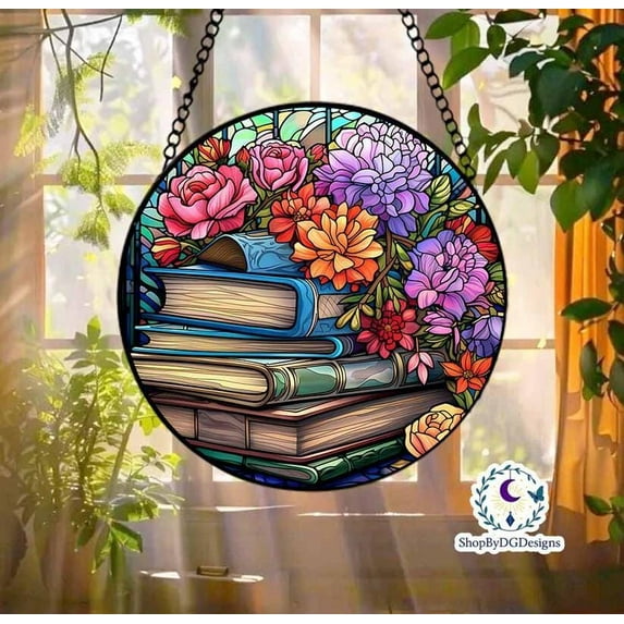 Stained Glass Book and Flower Suncatcher, Colorful Floral Window Hanging Decor, Unique Handmade Gift for Book Lovers and Readers, Window Art 4303502536