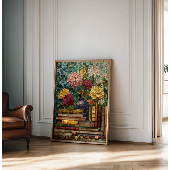 Stained Glass Book Flower Wall Art Print, Unframed Paper Poster 8x10in