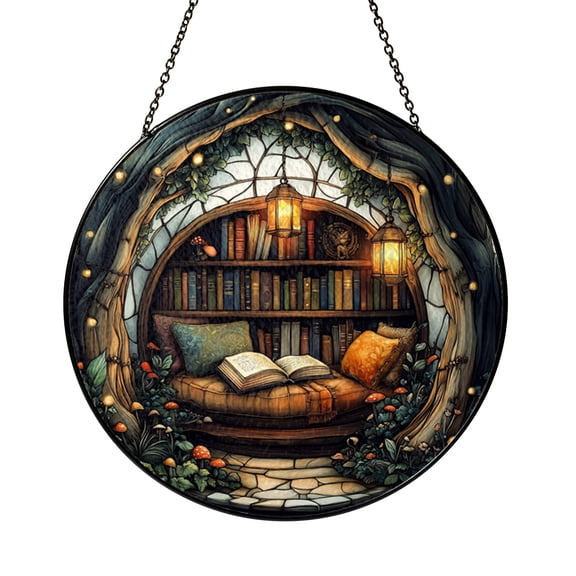 Stained Glass Book Nook Window Suncatcher, Circular Library Art Panel for Book Lover Home Styling