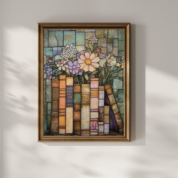 Stained Glass Book Wildflower Poster Print Book Lover Wall Art Artful Trendy Vintage Flower Floral Wall Decor (Unframed)