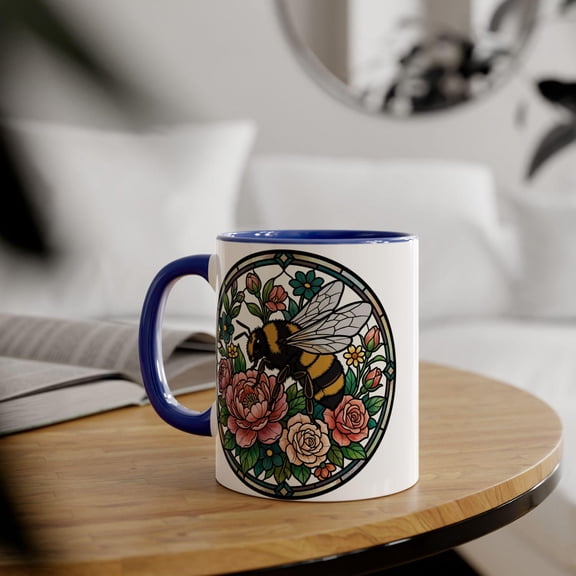 Stained Glass Bumblebee Floral Accent Mug | 11oz Ceramic