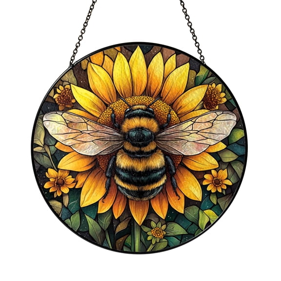 Stained Glass Bumblebee Window Hanging, Sunflower and Garden Design, Nature Inspired Home Accent, Unique Gift Idea