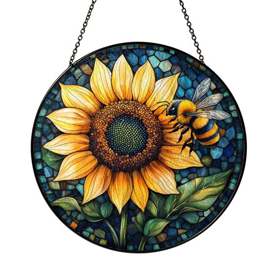 Stained Glass Bumblebee with Sunflower Window Suncatcher, Sunny Floral Insect Art for Home Display, Garden Lover Gift