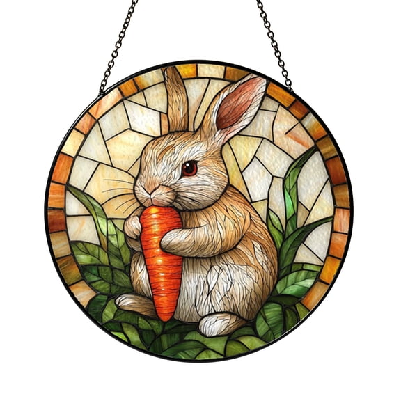 Stained Glass Bunny Window Hanging, Playful Rabbit Garden Scene, Cozy Farmhouse Nature Decor
