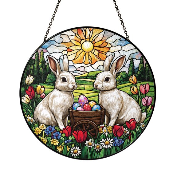 Stained Glass Bunny Window Hanging, Twin Rabbits with Egg Design, Playful Spring Nature Art