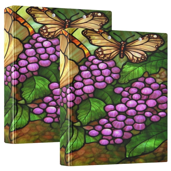 Stained Glass Butterfly 12.4x10.6in PVC Round Ring Binder, D-Ring 3-Hole, Metal Clip, 200 Sheets