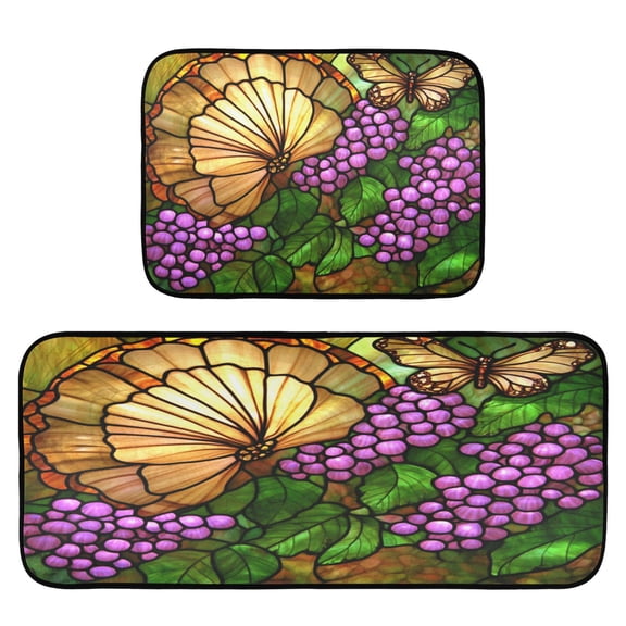 Stained Glass Butterfly 2-Piece Kitchen Carpet Mat Set, Non-Slip Memory Foam, Soft for Kitchen and Living Room Use