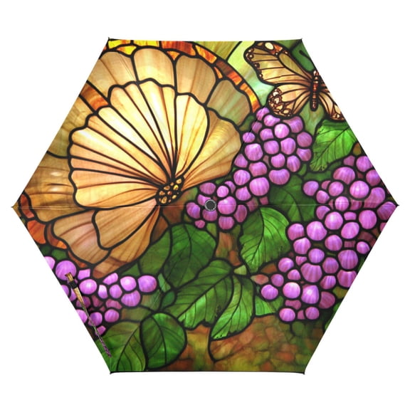 Stained Glass Butterfly Folding Umbrella UV50+ Waterproof Sun Protection Auto Open Close Compact Fiberglass Frame