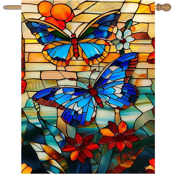 Stained Glass Butterfly Garden Flag Spring Summer House Flag Fall Floral Decorative Yard Flags for Outside 28x40 Double Sided Large Seasonal Lawn Flags Rustic Outdoor Decor