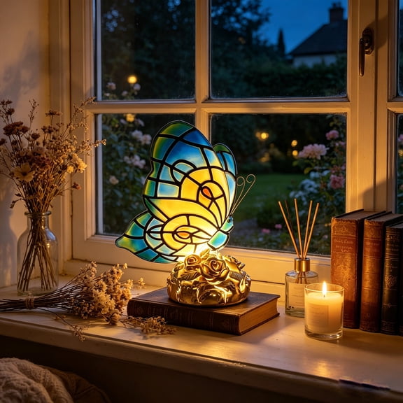 Stained Glass Butterfly Mini Table Lamp, Vintage Style Resin Rose Base Night Light, Colorful Decorative Bedside Lamp for Bedroom Wedding Home Ornament