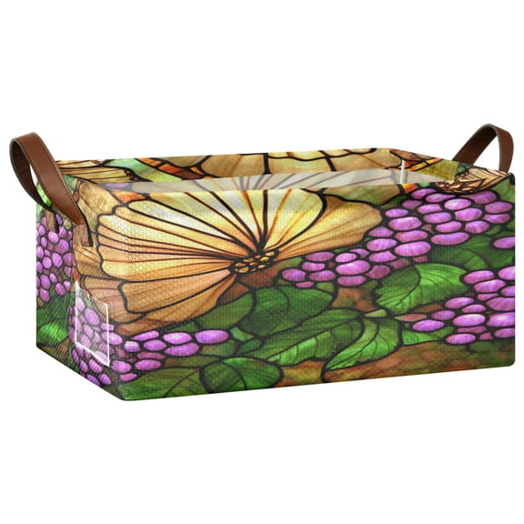 Stained Glass Butterfly Open Home Storage Bins Foldable Metal Frame Shelf Baskets 16.9x11.4x7.7in Water-Resistant