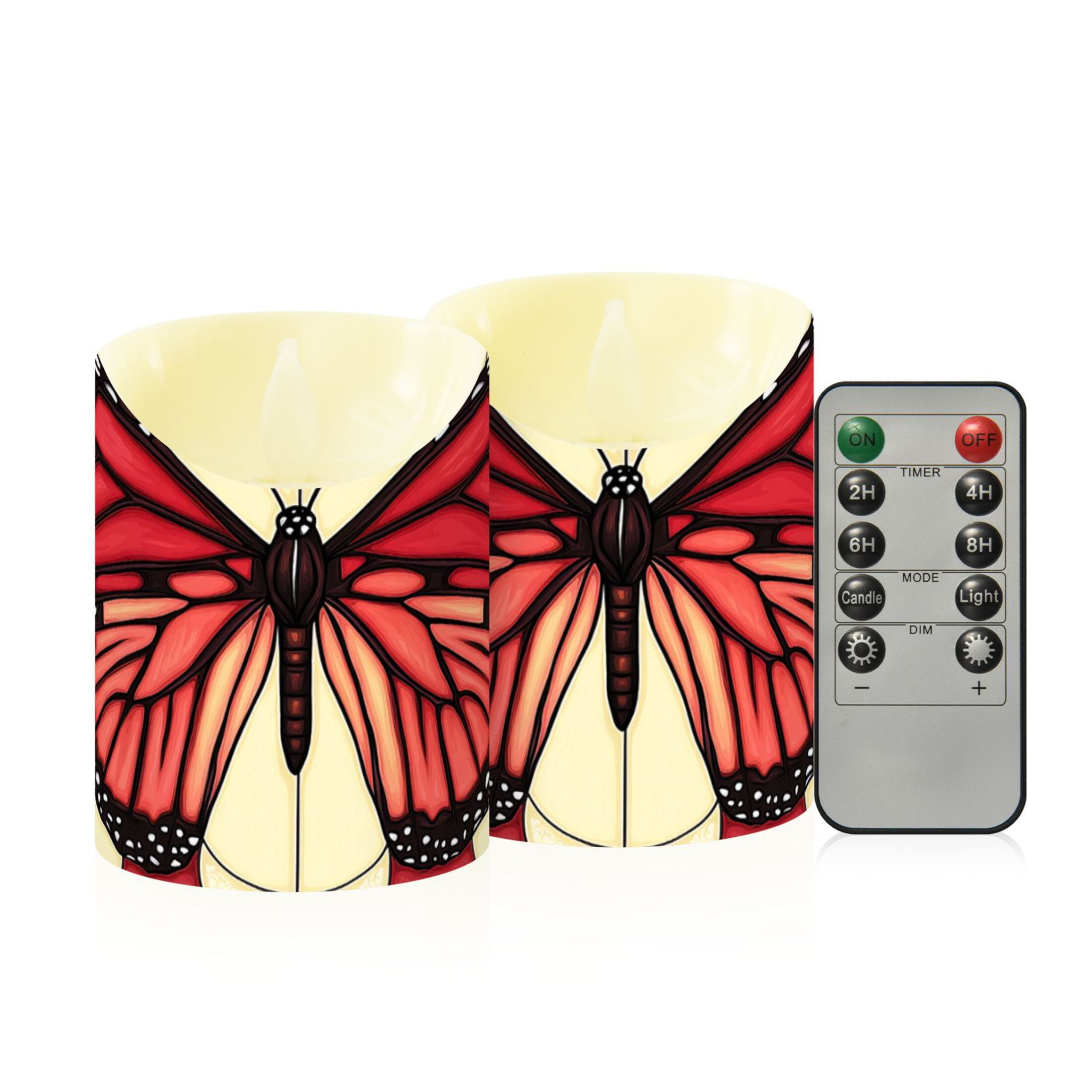 Stained Glass Butterfly Pattern Flameless Candles 2 PCS with Remote Realistic Moving Flame LED Tapered Pillar Set for Home Decor