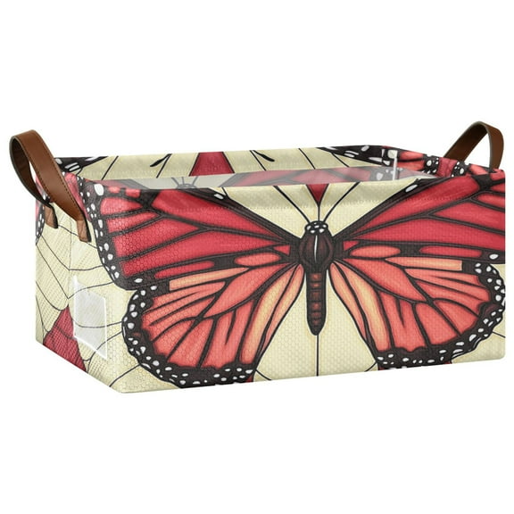 Stained Glass Butterfly Pattern Open Home Storage Bins Foldable Metal Frame Shelf Baskets 16.9x11.4x7.7in Water-Resistant