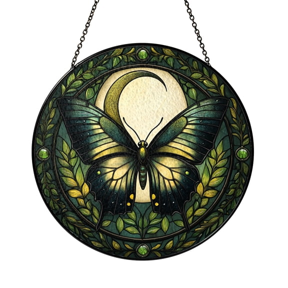 Stained Glass Butterfly Suncatcher Window Hanging, Golden Winged Moth with Crescent Moon and Leaf Wreath Design, Mystical Nature Light Decor Gift