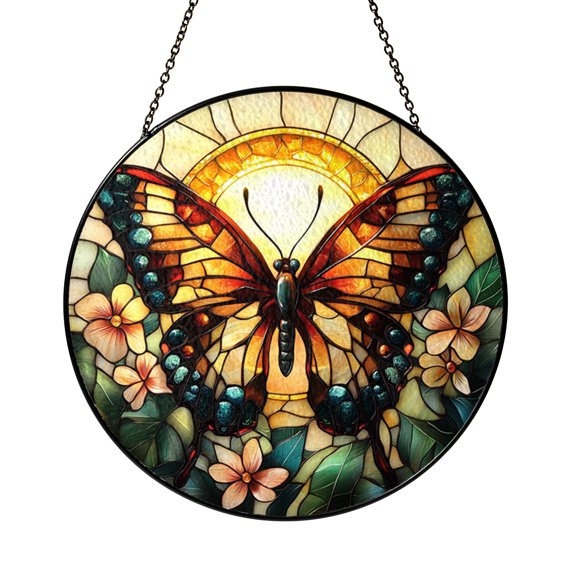 Stained Glass Butterfly Sunset Window Decor, Scenic Nature Suncatcher Hanging for Relaxing Botanical Home Styling