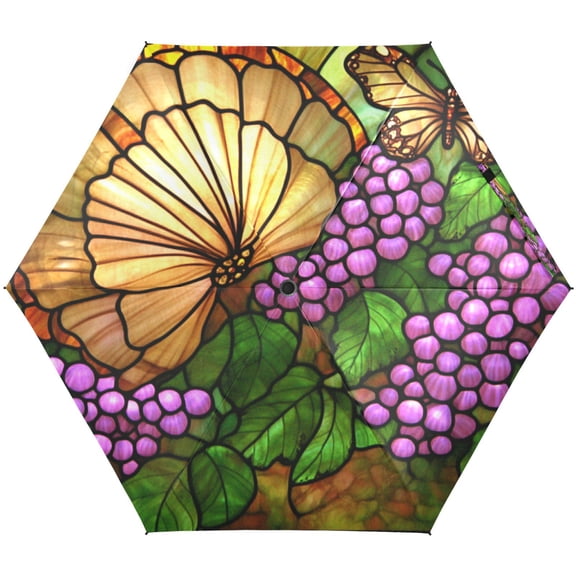 Stained Glass Butterfly Umbrellas for Sun Auto Open Close UV50+ Waterproof 5-Fold Compact Fiberglass Frame