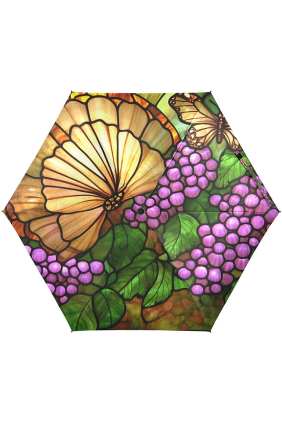 Stained Glass Butterfly Umbrellas for Sun Auto Open Close UV50+ Waterproof 5-Fold Compact Fiberglass Frame