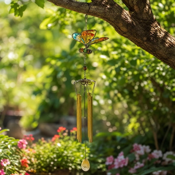 Stained Glass Butterfly Wind Chime, Colorful Garden Hanging Ornament Outdoor Art Decor With Metal Bells, Handmade Window Patio Porch Decoration For Home Yard Gift, Relaxing Musical Wind Chime Craft