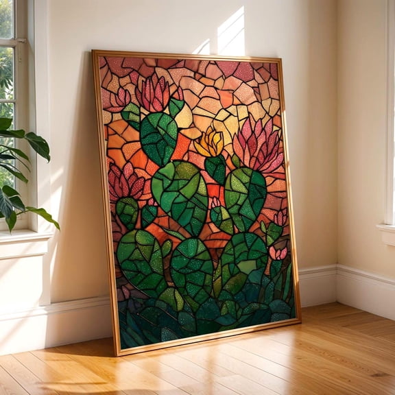Stained Glass Cactus Art Poster | Prickly Pear Wall Art Print | Mexican Folk Art Decor | Desert Sunset Poster | Southwest Art, Unframed Paper Poster 8x10in