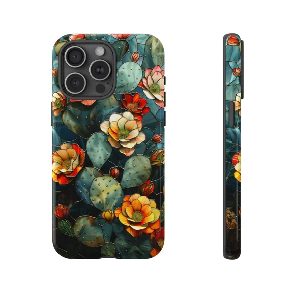 Stained Glass Cactus Flower Desert Plant Case iPhone 17 16 15 14 13 12 11 Pro Max
